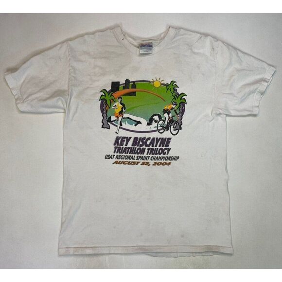 VINTAGE Key Biscayne Triathlon Trilogy 2004 Graphic T-shirt Men Medium White - Picture 1 of 10